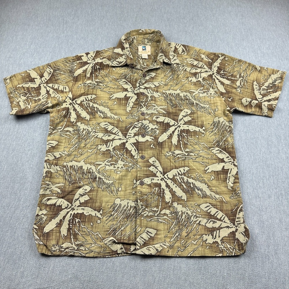 Kahala Shirt Men Large Yellow Hawaiian Camp Button Up Linen Blend Aloha Tropical